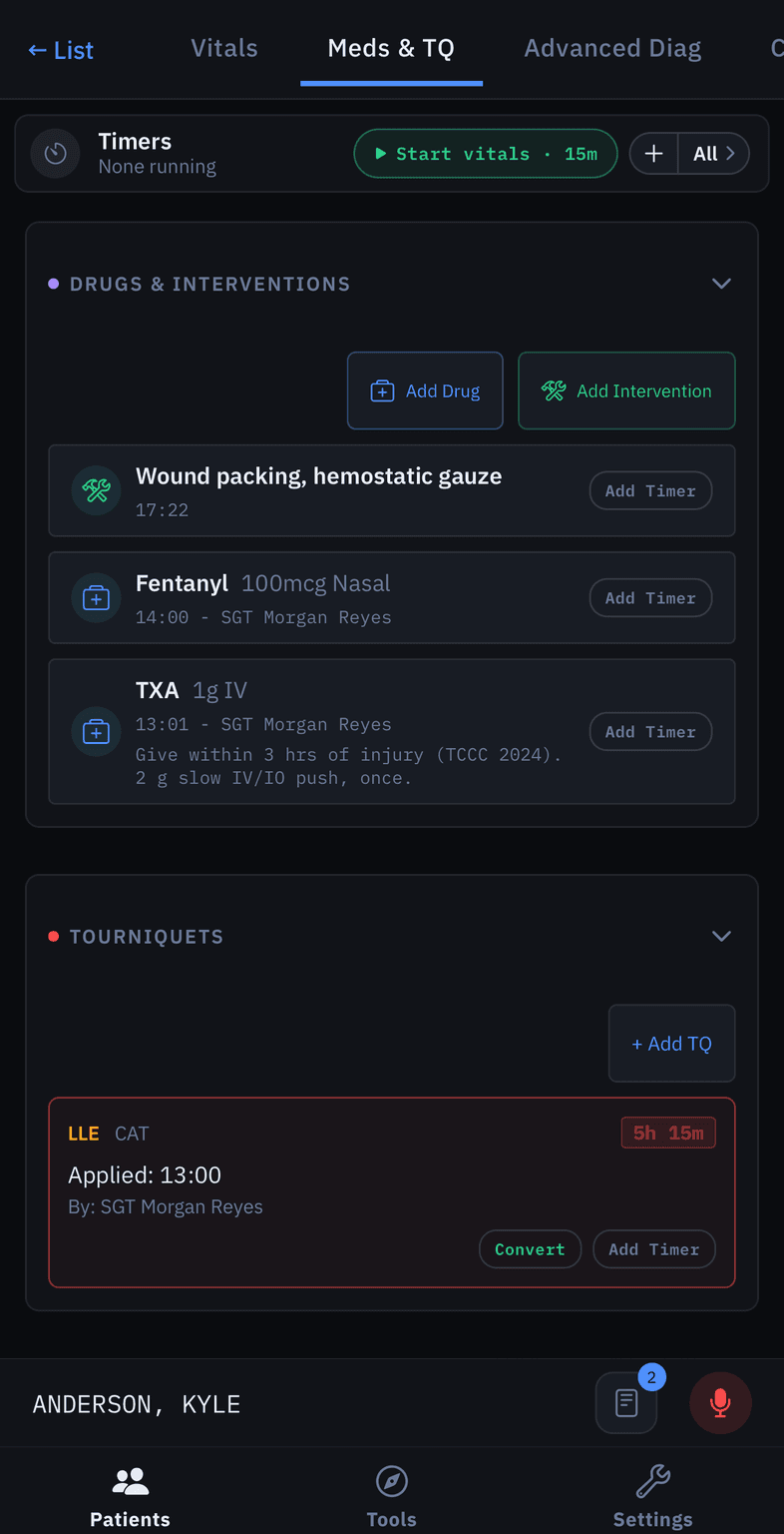 Meds and TQ tab listing wound packing, fentanyl and TXA with its dosing hint, above a running tourniquet card