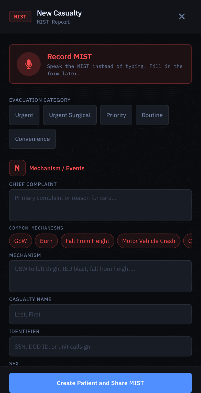New patient MIST intake form with chief complaint, mechanism quick-add chips and patient name