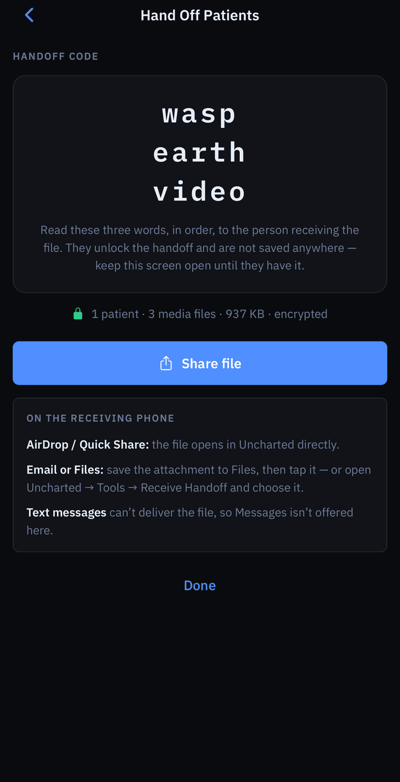 Hand off screen for sending the complete encrypted record to another device