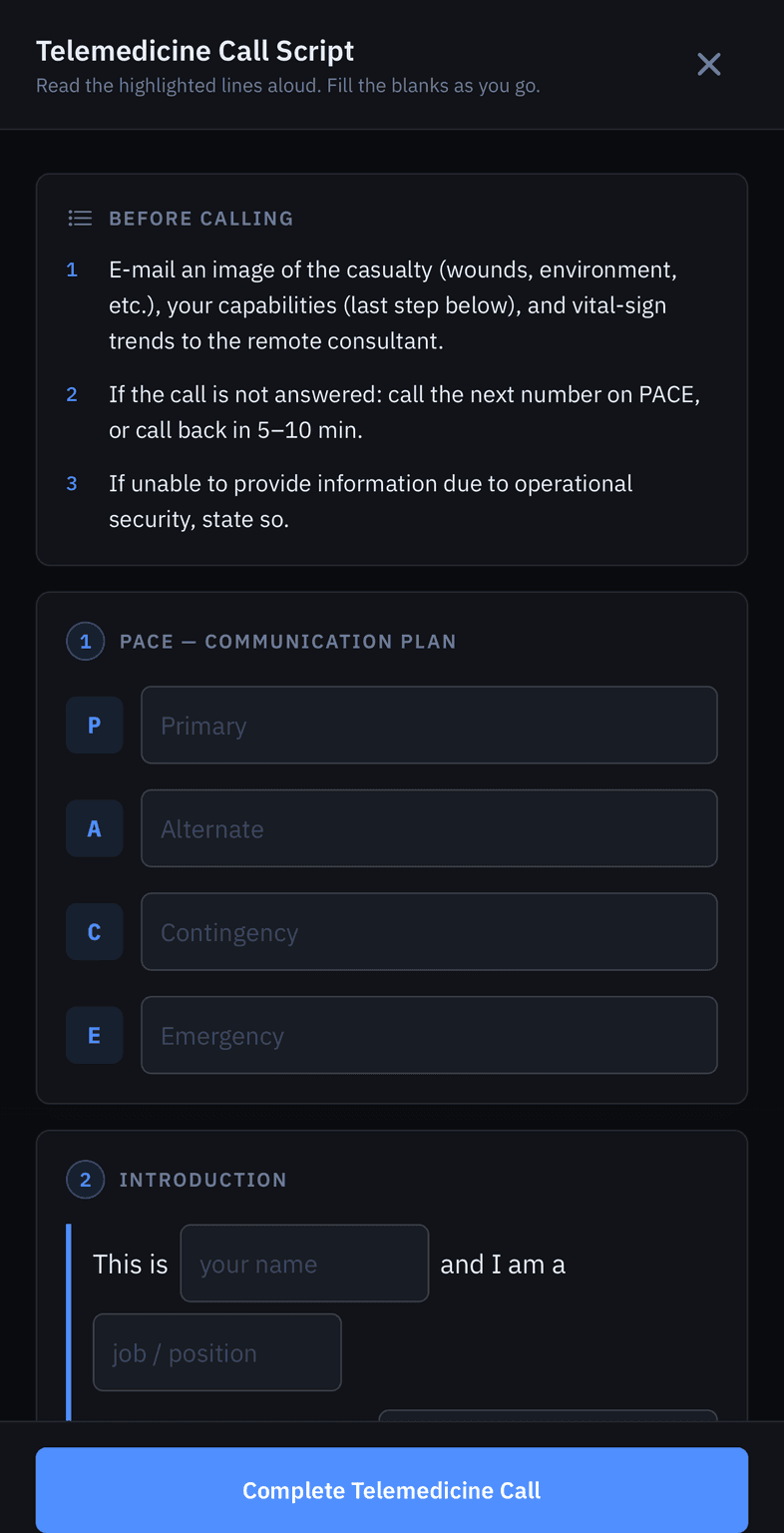 Telemedicine call script with a PACE communication plan and fill-in introduction lines