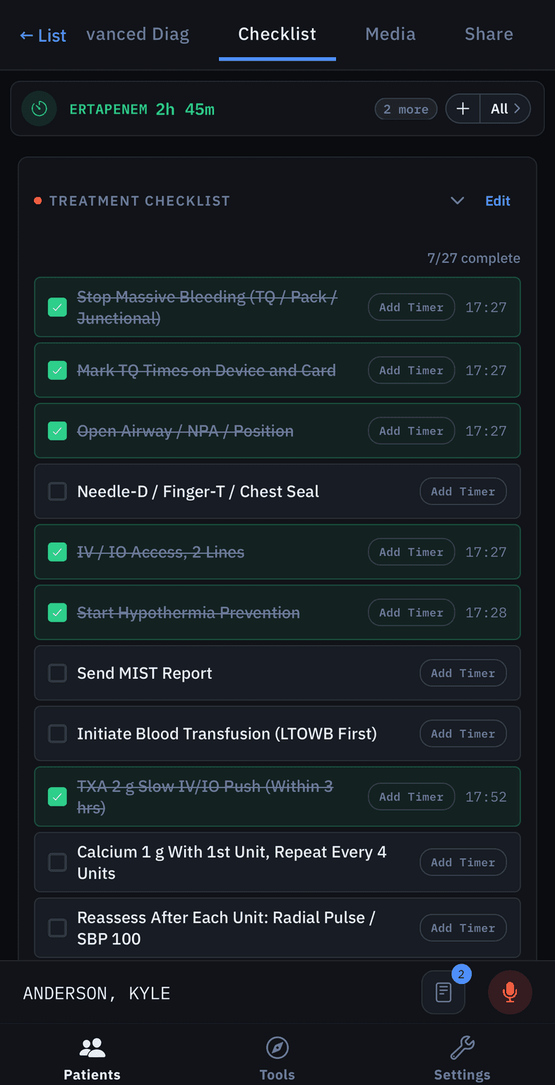 Checklist tab: the treatment checklist with several items ticked and timestamped
