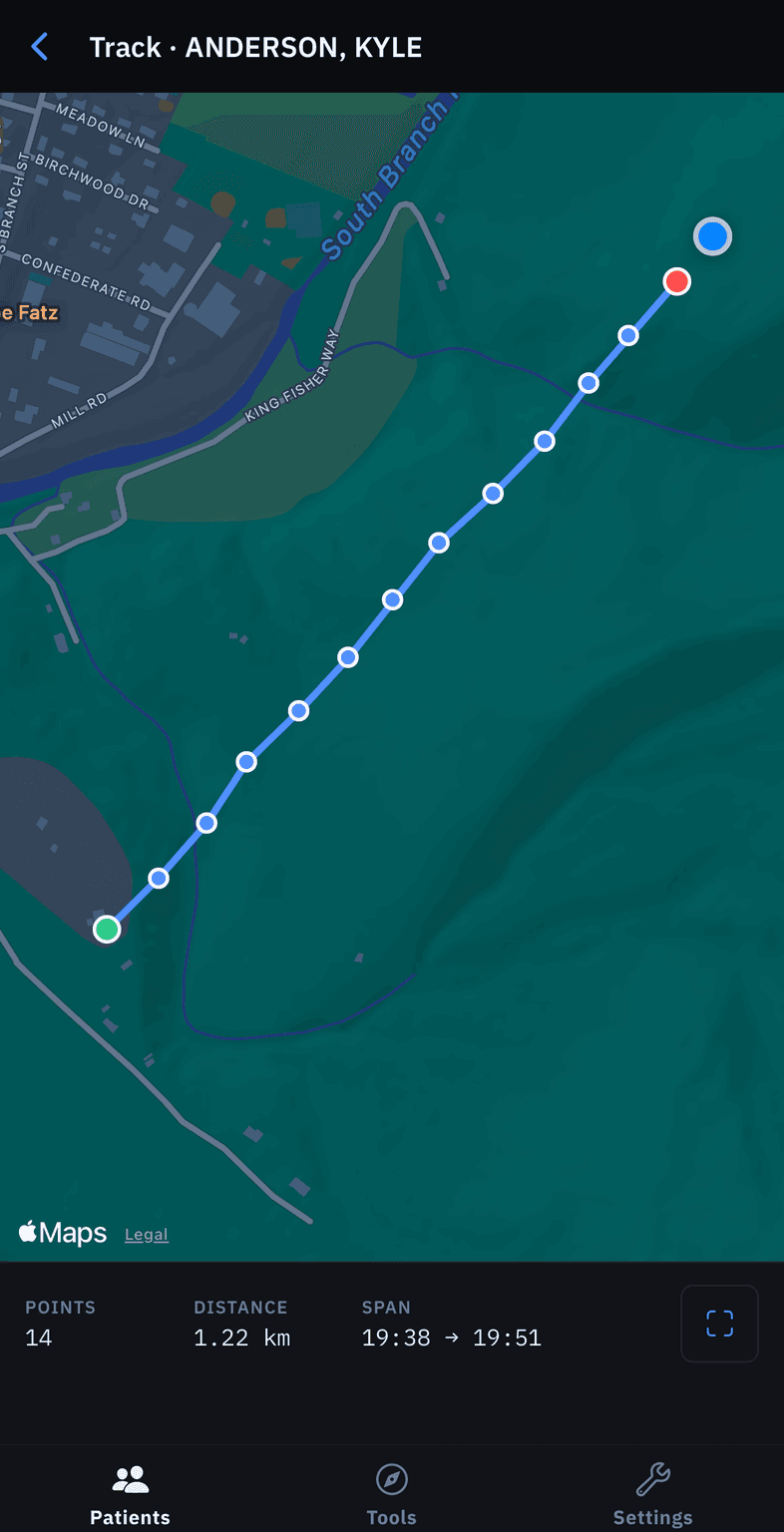 GPS Track map showing the logged positions for a patient as a line of points