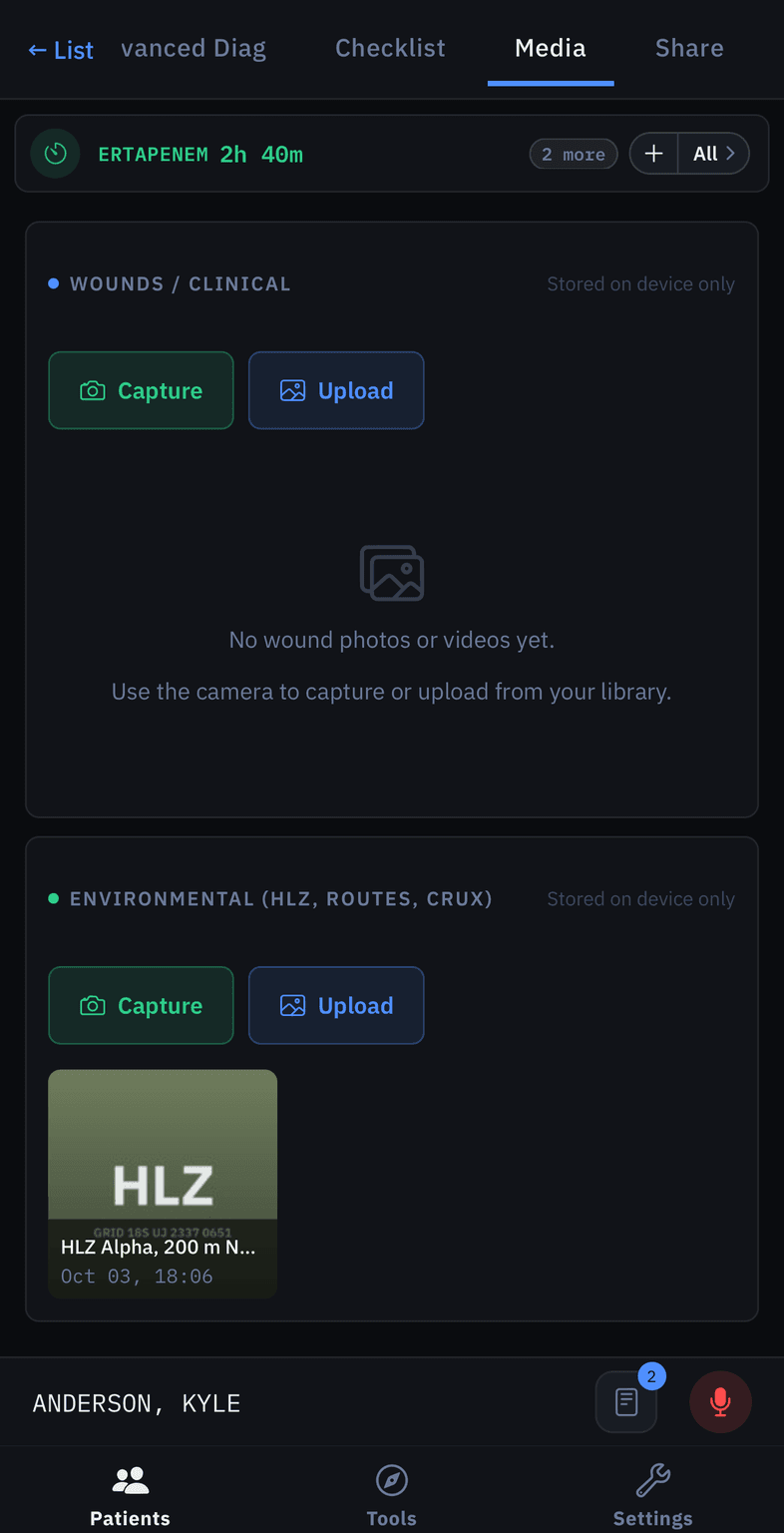 Media tab with clinical and environmental photo thumbnails and captions