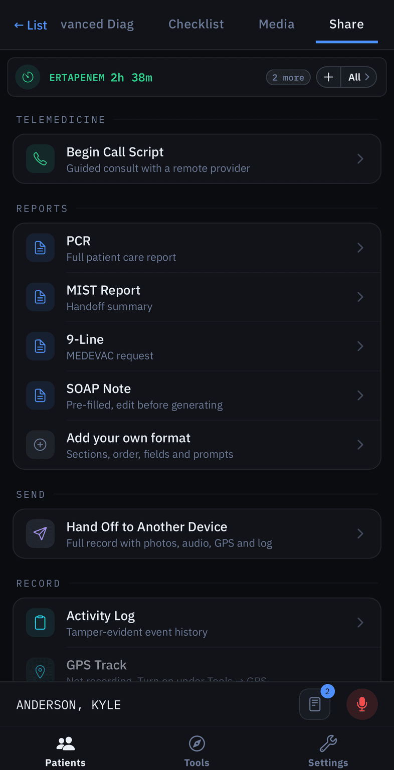 Share tab: telemedicine call script, then PCR, MIST Report, 9-Line and SOAP Note under Reports, and Hand Off to Another Device