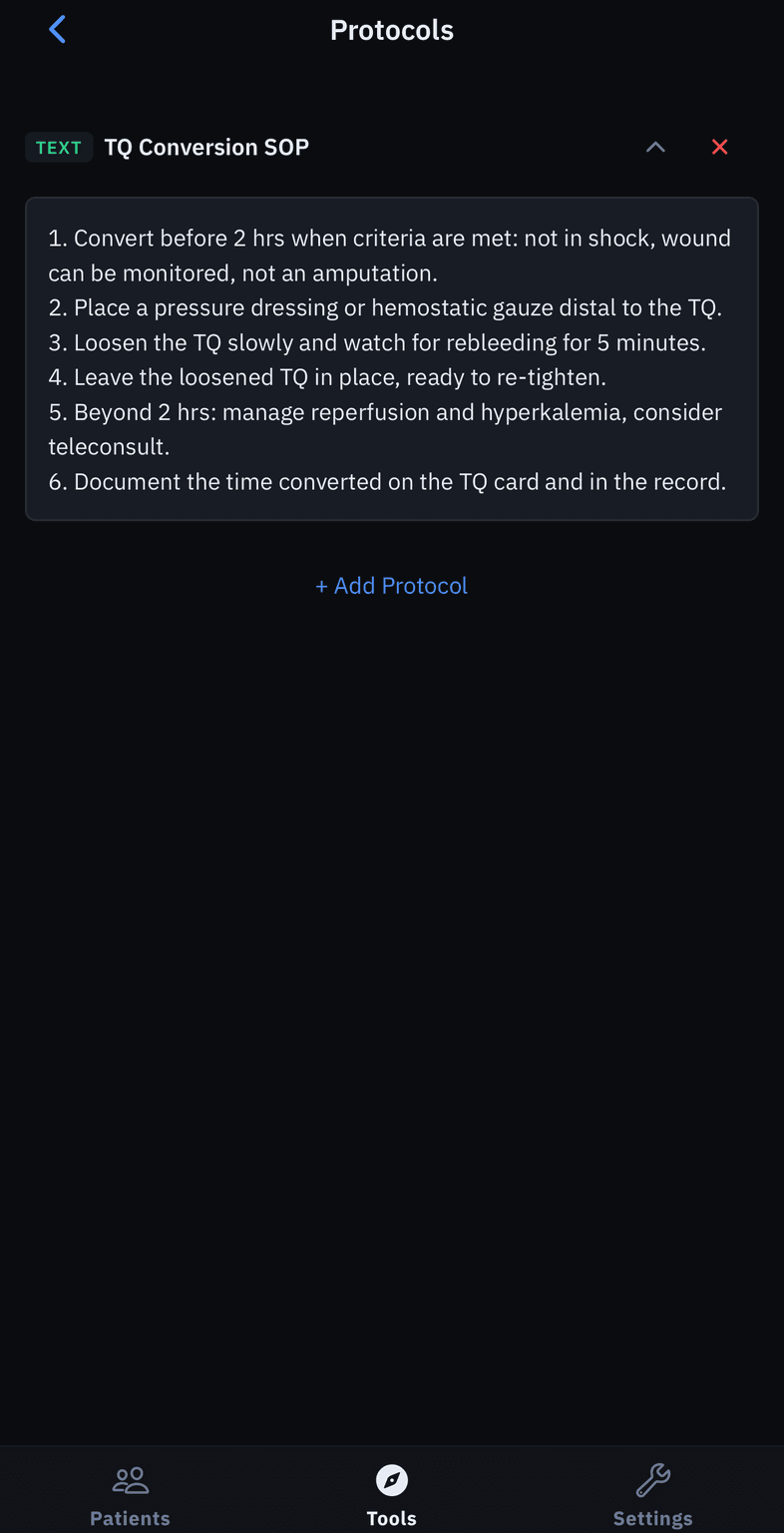 Protocols screen with a text SOP expanded and readable on the device